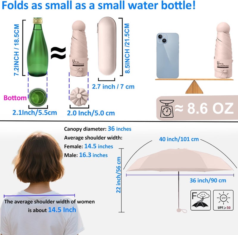 BAODINI Travel Essentials Mini Umbrella for Purse With Case Small Compact UV Sun Protection Lightweight Tiny Pocket Manual Open Close Umbrella for Women Kids and Men Fits Purse Backpack - Image 3